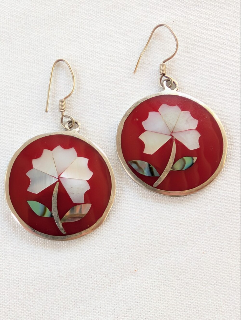 México Alpaca Red Floral Inlay Dangle Earrings